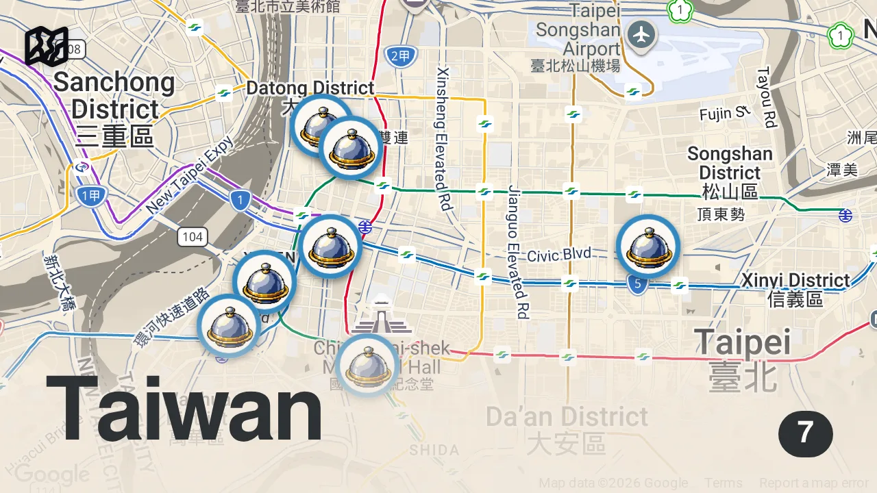 Map of 7 spots from 7 MUST TRY Noodles in Taipei 🇹🇼 48 hours Taiwanese Street Tour in Taipei Taiwan