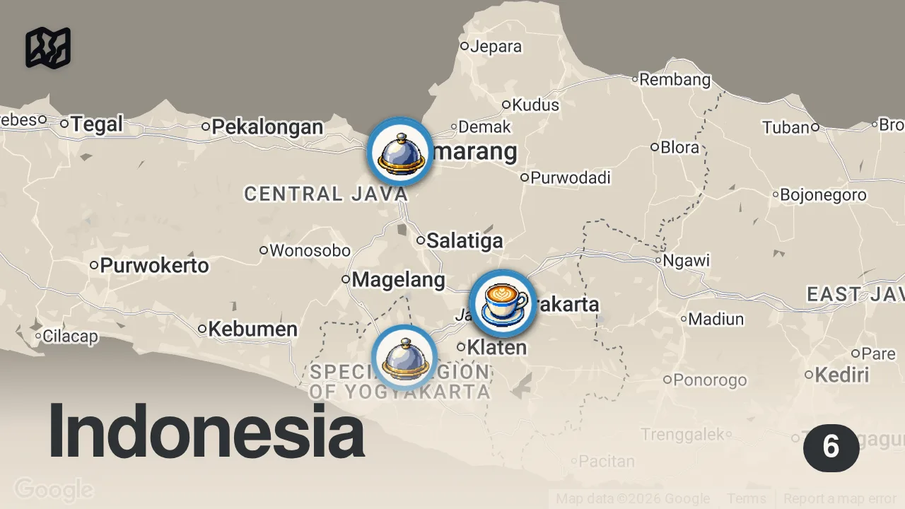 Map of 6 spots from 38 Indonesian Street Foods in Java Island - SURABAYA #1 Duck + SEMARANG Nasi Goreng + SOLO Best Sate