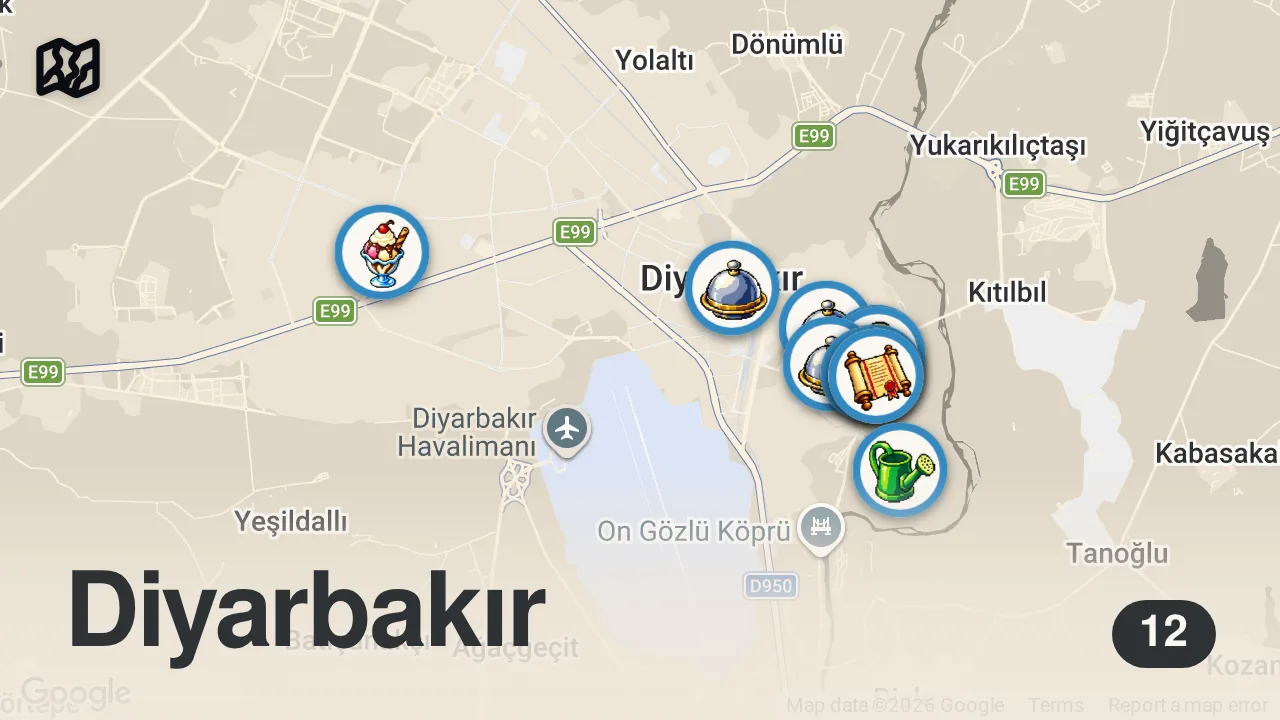 Map of 12 spots from DİYARBAKIR VLOG (Efsane kahvaltının tadı damağımızda kaldı!) VLOG #4 - Ayaküstü Lezzetler