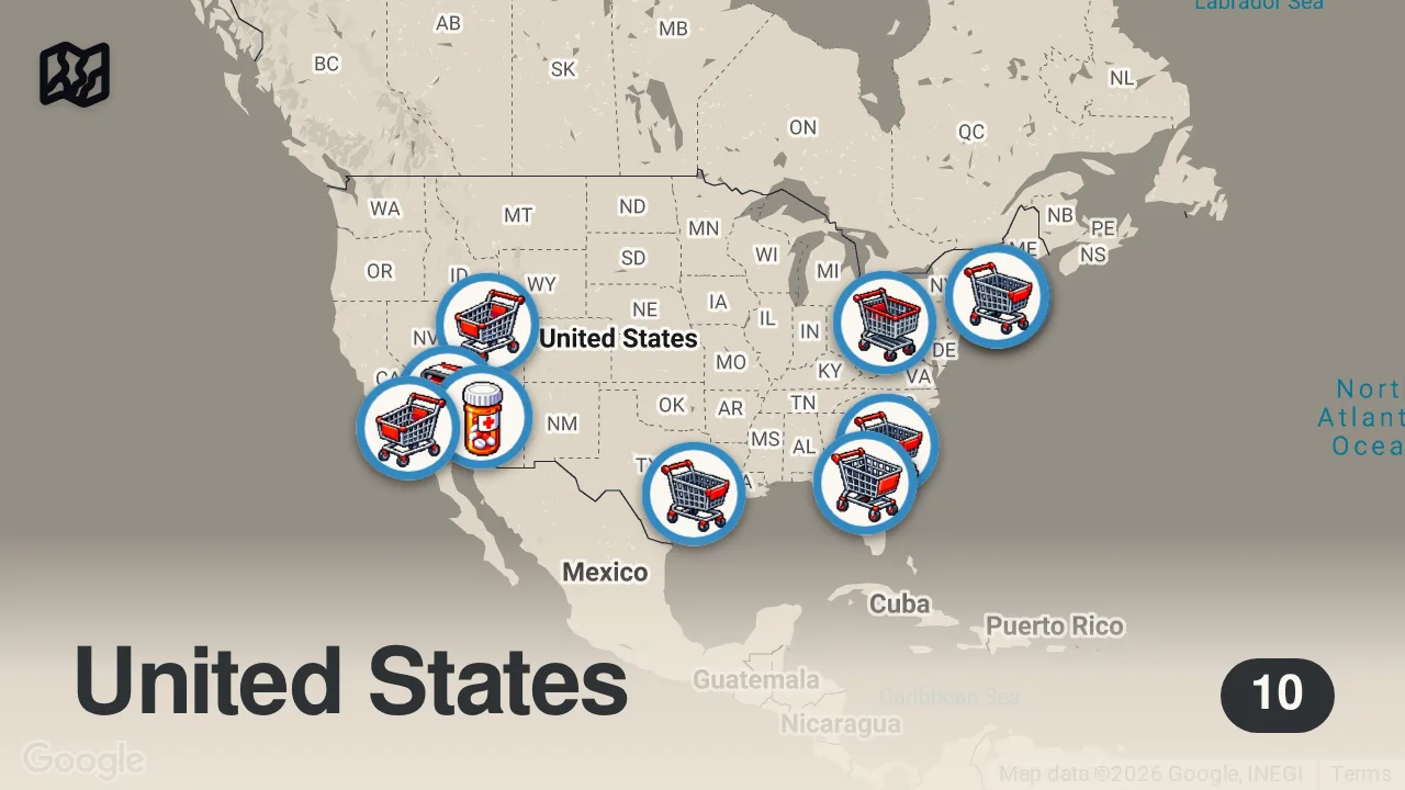 Map of 10 spots from Here's who actually makes #TraderJoes #food.