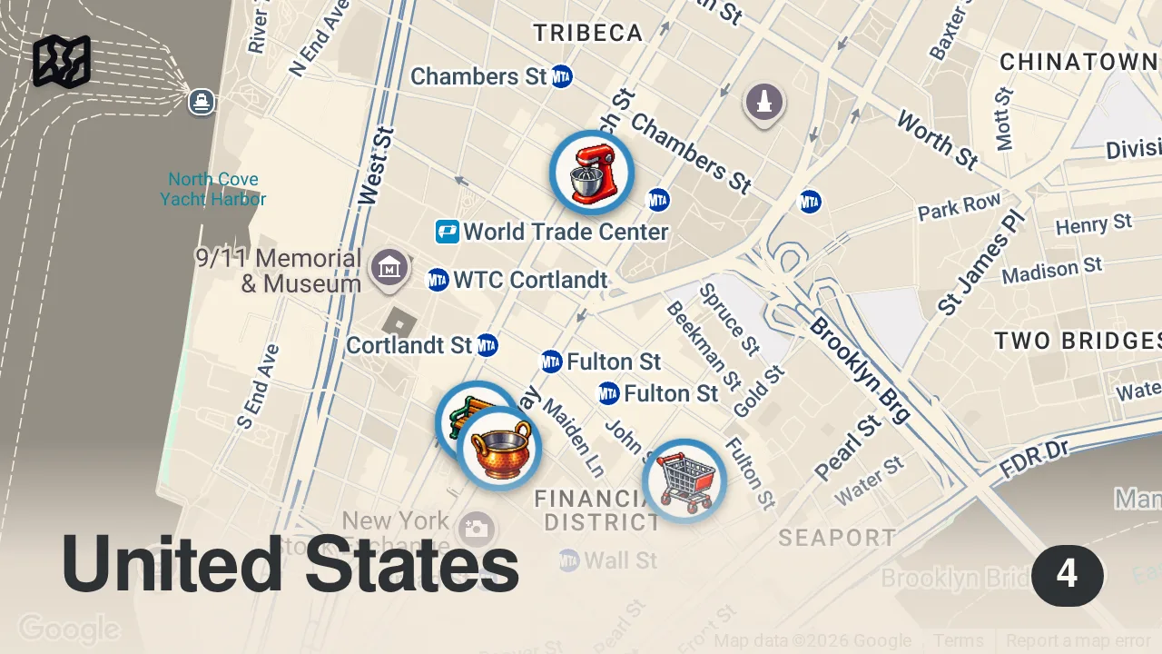 Map of 4 spots from 1 day. 3 meals. $15. Financial District.