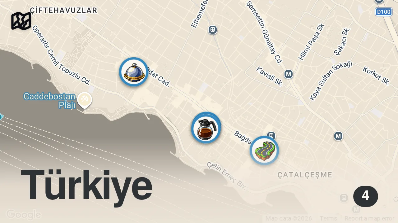 Map of 4 spots from BAĞDAT CADDESİ LEZZET REHBERİ (Kebap, lazanya, hamburger, lahmacun, kaburga) - Ayaküstü Lezzetler