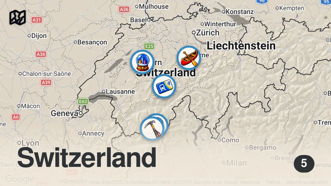Map of 5 spots from Entdecken Sie Die TOP 5 Sehenswürdigkeiten Der Schweiz