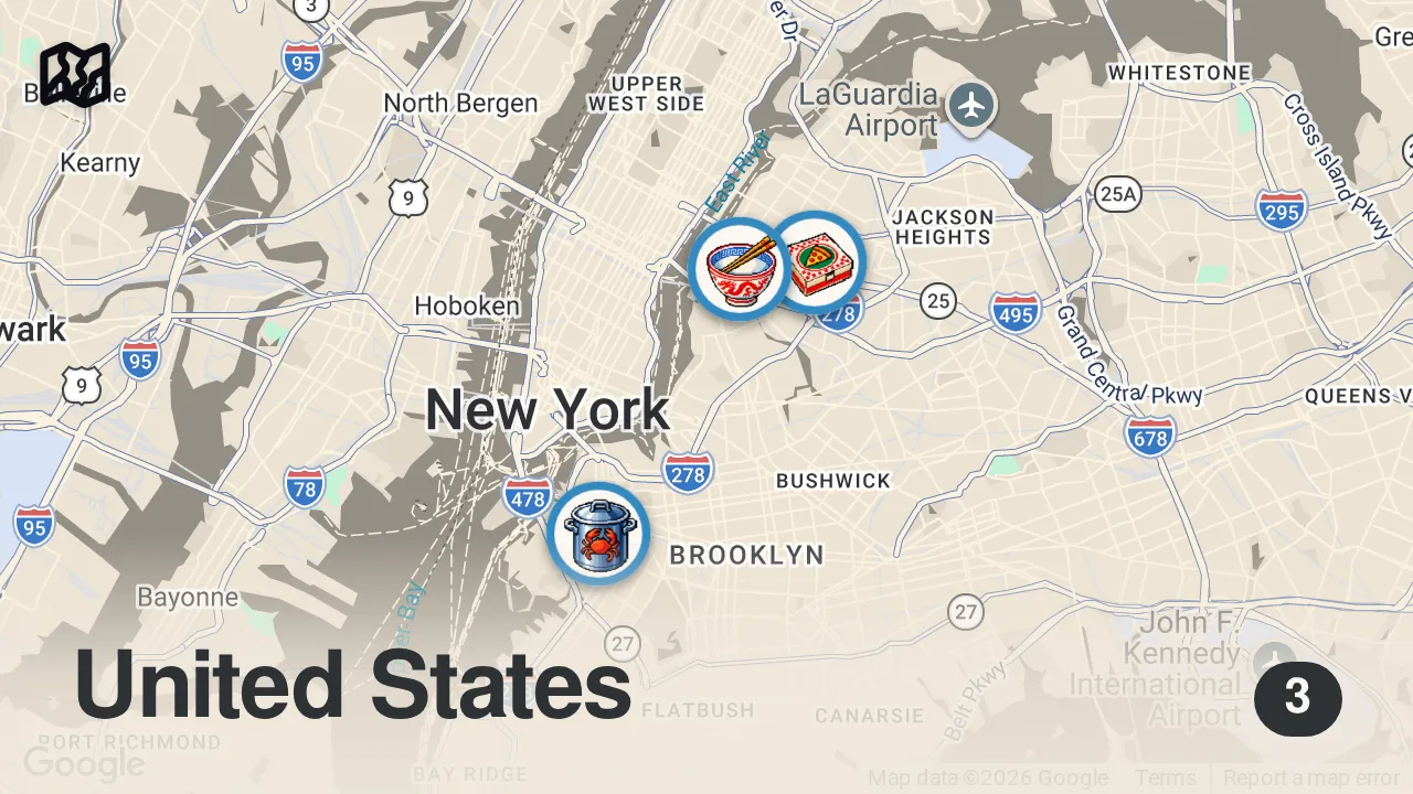 Map of 3 spots from New York’s Best Street Food 2026