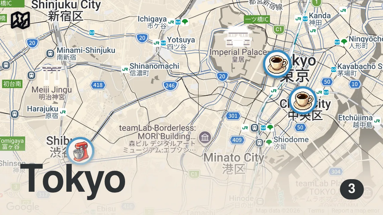 Map of 3 spots from Only eating VIRAL Desserts for 24 hrs in Japan! 🇯🇵🍡
