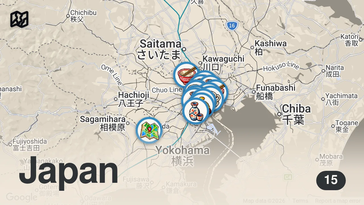 Map of 15 spots from 15 Must-Try Restaurants in Tokyo for Amazing Food! | Best Tokyo Food Guide