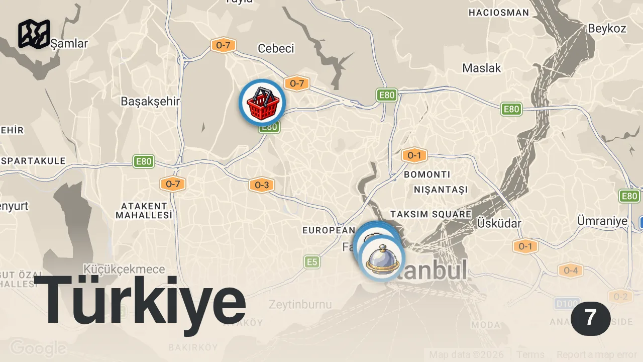 Map of 7 spots from BIGGEST STREET MARKET IN ISTANBUL + CRAZY STREET FOOD IN TURKEY - KING OF FALAFEL