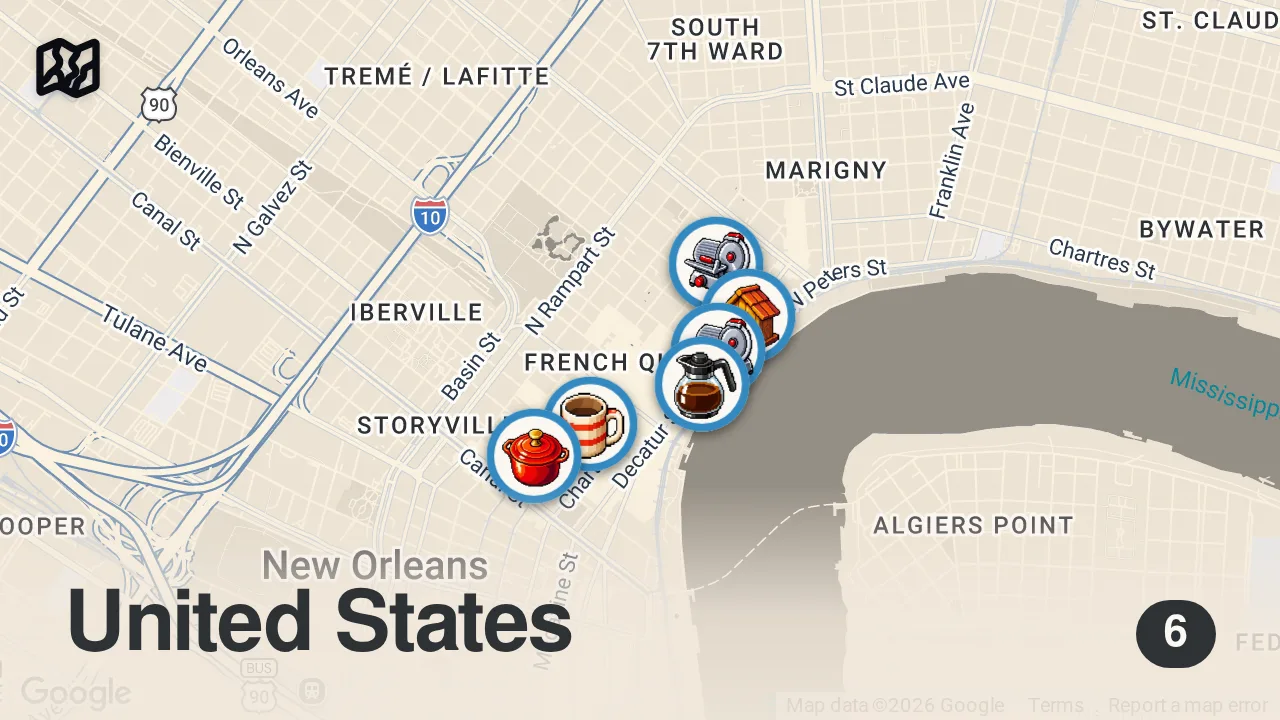 Map of 6 spots from New Orleans - HUGE FOOD TOUR!! Green Oysters, Mufuletta, Jambalaya, + Po’boys!!