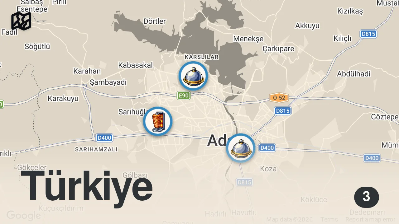 Map of 3 spots from Gerçek Adana Kebap Tarifi Nasıl Olmalı? KEBABI KURTARACAĞIZ!