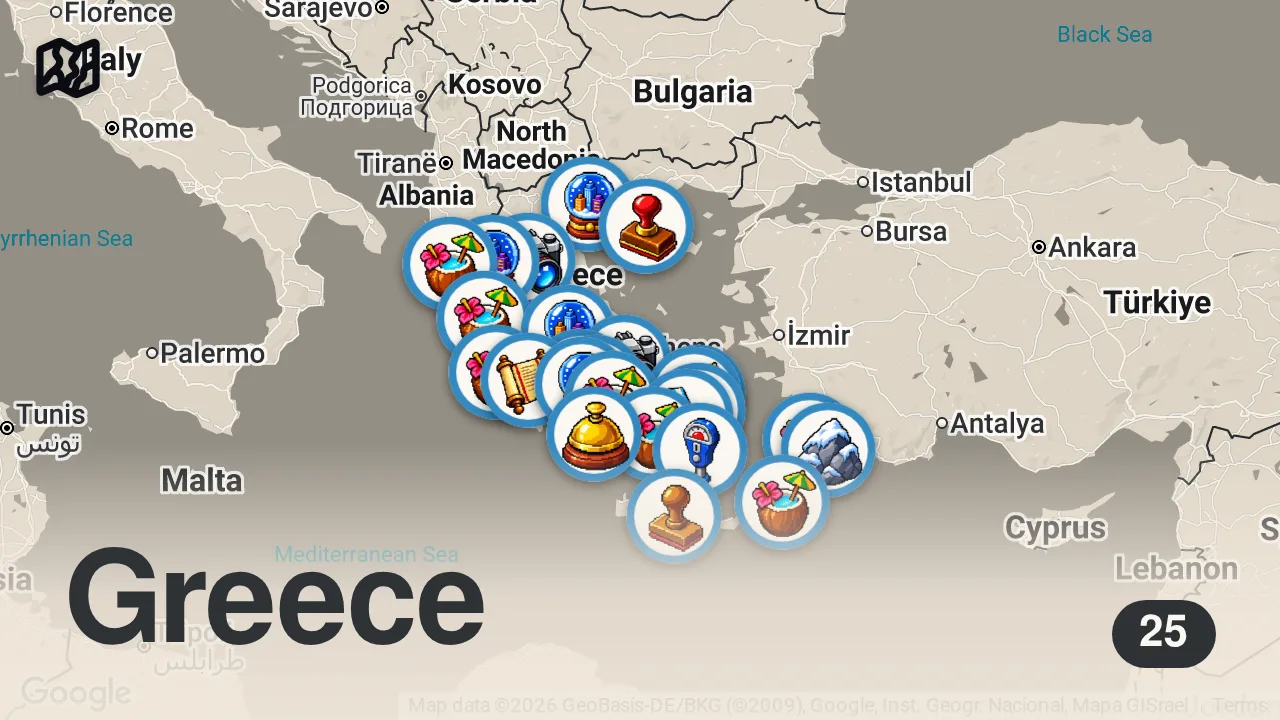 Map of 25 spots from Meraviglie della Grecia | I Luoghi più Incredibili della Grecia | 4K Guida di Viaggio