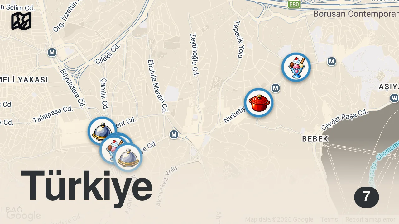 Map of 7 spots from BEŞİKTAŞ'IN SEVDİĞİMİZ LEZZETLERİ (Makarna, Tantuni, Lahmacun, Tiramisu) - Ayaküstü Lezzetler