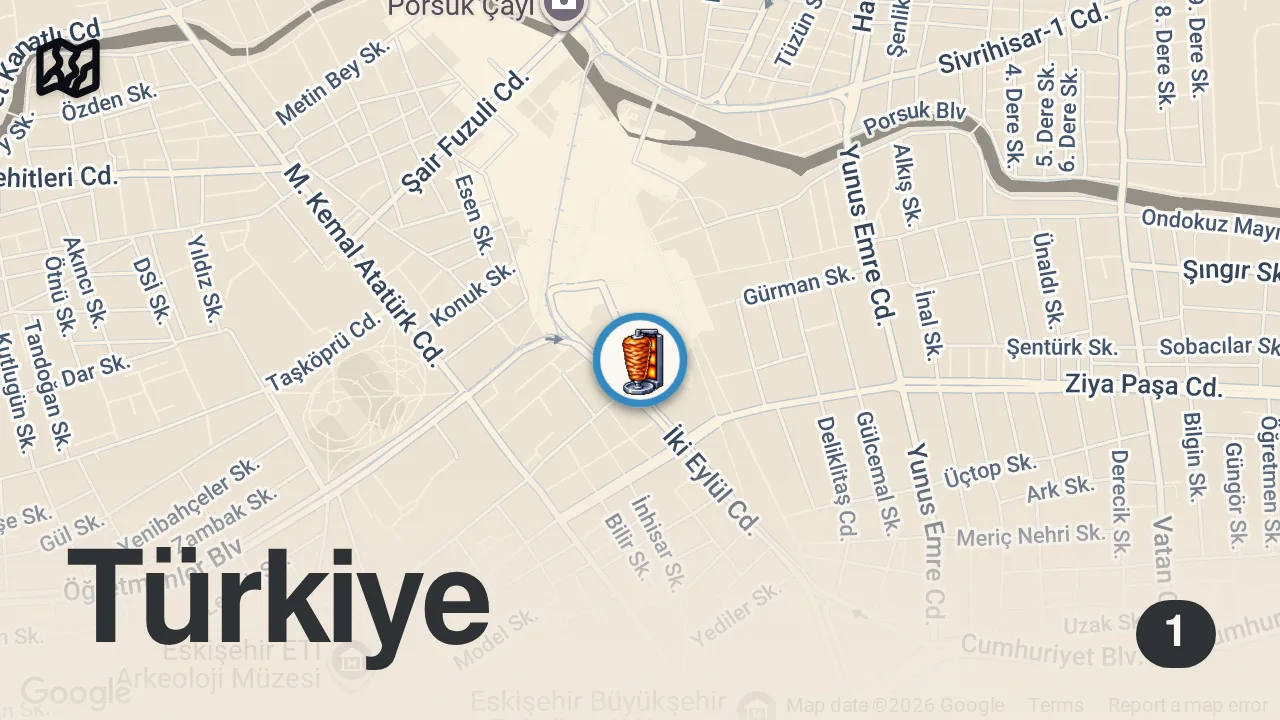 Map of 1 spot from ESKİŞEHİR’DE ÖĞRENCİLERLE EFSANE TAMEK’Lİ BALABAN KEBABI YEDİK!!!