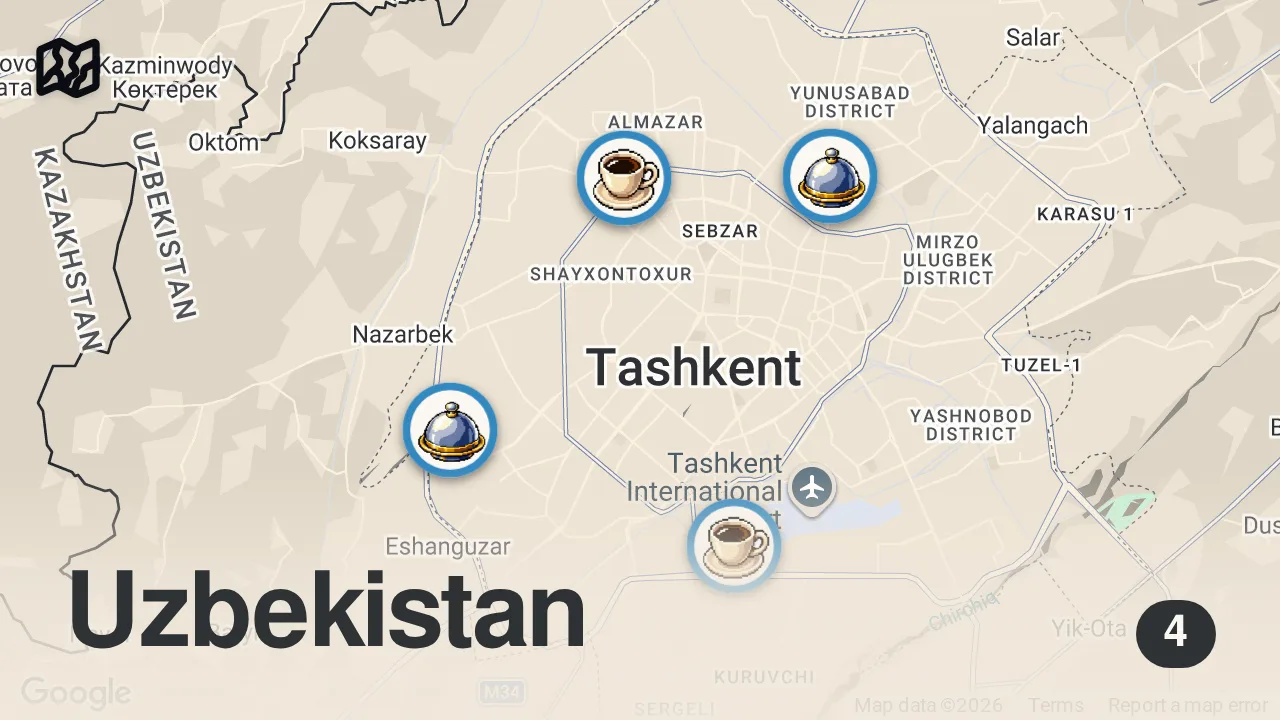 Map of 4 spots from Street Food in UZBEKISTAN 🇺🇿 Biggest Pilaf in the World + UNIQUE Somsa + Kebabs - Uzbek street food