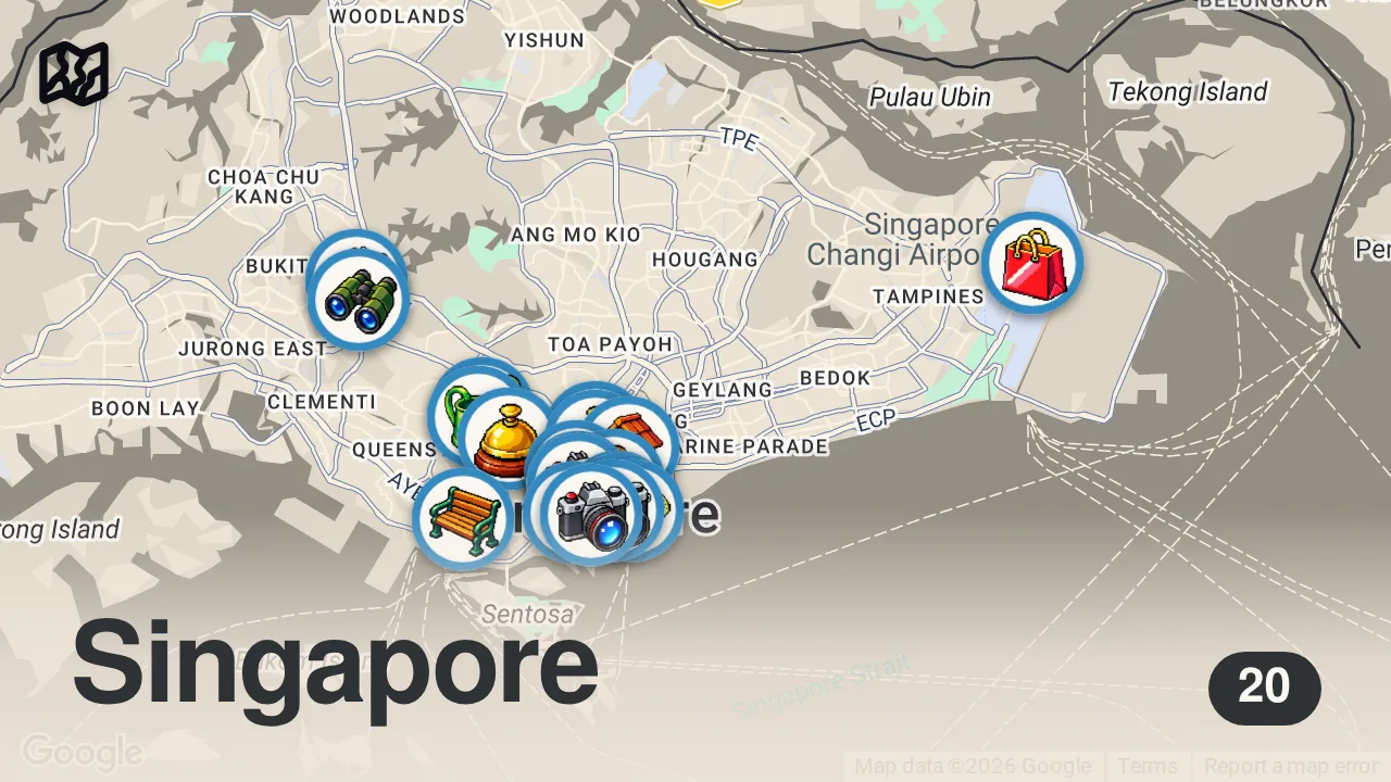 Map of 20 spots from SINGAPORE TRAVEL (2025) | 15 Awesome Things To Do In Singapore (+ Hidden Gems & Travel Tips)