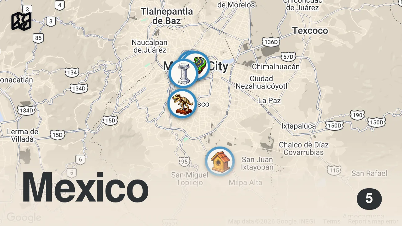 Map of 5 spots from MEXICO CITY TOUR IN 360° |  4K Travel Guide