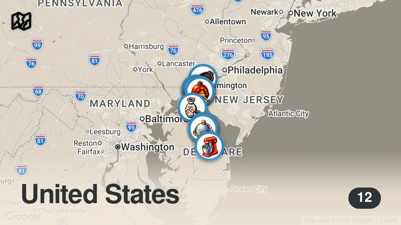 Map of 12 spots from 10 Best Restaurants In Delaware | Living In Delaware