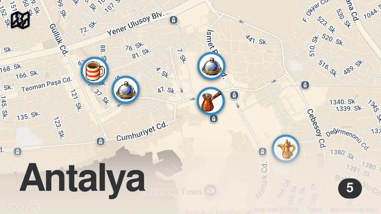 Map of 5 spots from MUST TRY Street Food in ANTALYA 🇹🇷 King of Meatballs + BEST Street Food in Turkey