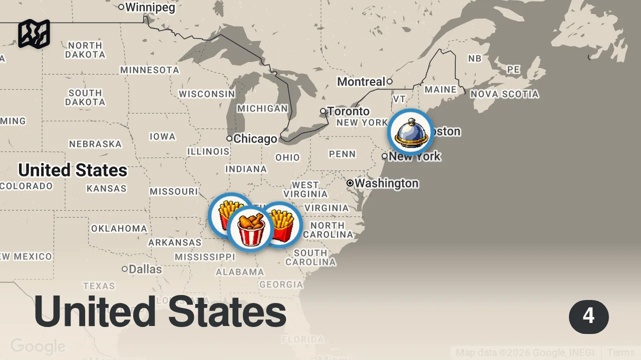 Map of 4 spots from Eating Southern FAST FOOD Restaurants For 24 Hours...Again (Part 3)