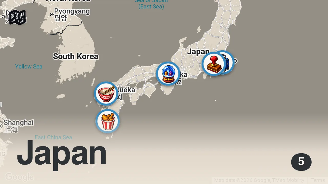 Map of 5 spots from 15 Tips for First-Time Travellers to Japan