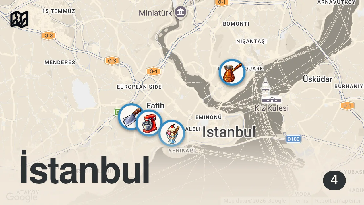 Map of 4 spots from İSTANBUL’UN EN ESKİ RESTORANINA GİTTİK - TARİHİ LEZZETLER