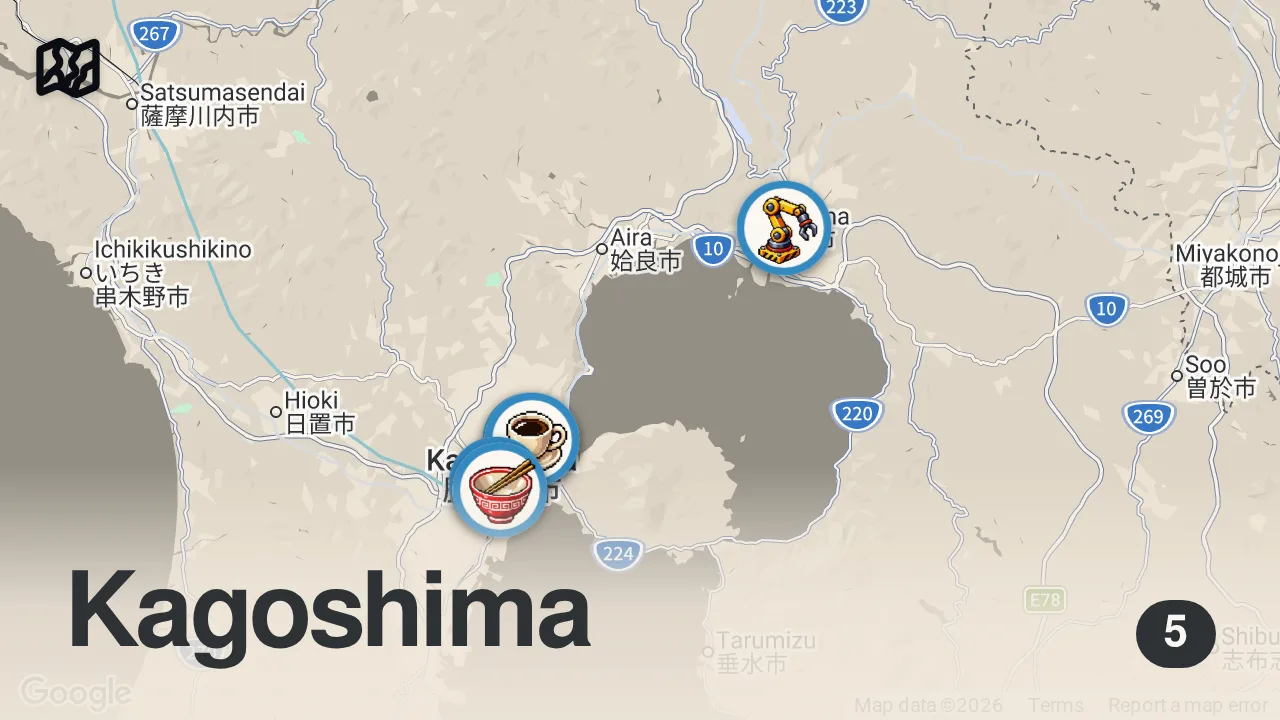 Map of 5 spots from Everything I Eat to Cycle Across Japan! (it's A LOT)