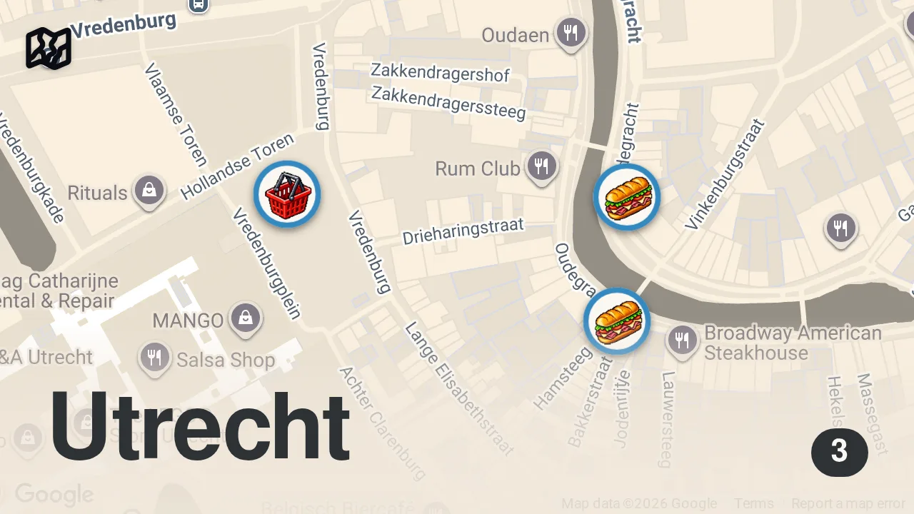 Map of 3 spots from DELICIOUS Dutch Street Food Tour in Utrecht