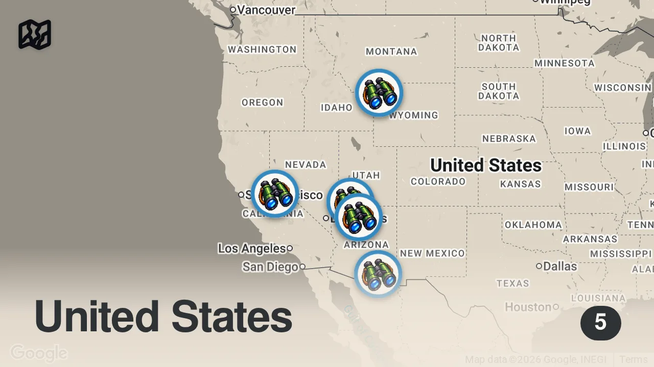 Map of 5 spots from Incredible Footage of America's National Parks | MEGA Episode | National Geographic