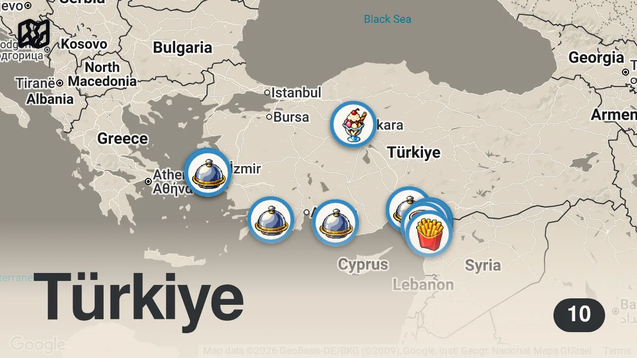 Map of 10 spots from İSKENDERUN SOKAK LEZZETLERİ!