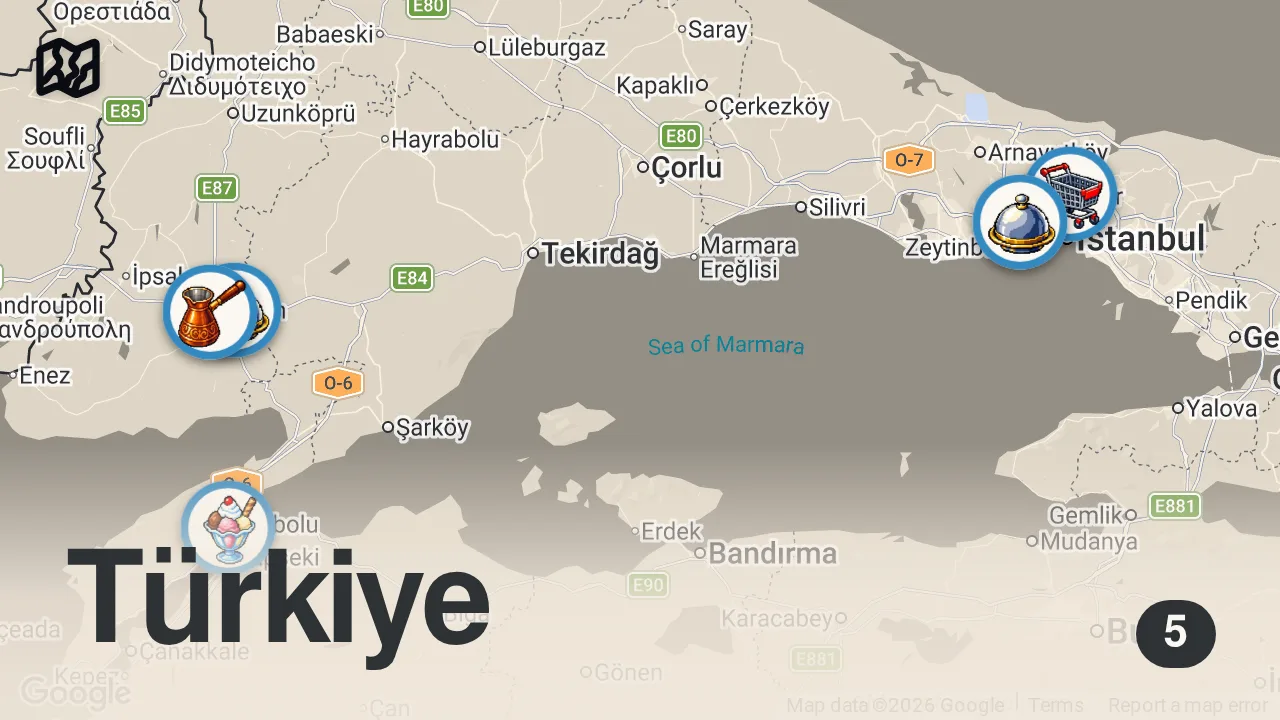 Map of 5 spots from İSTANBUL - ÇANAKKALE YOL ÜSTÜ LEZZET DURAKLARI (2021) - Ayaküstü Lezzetler