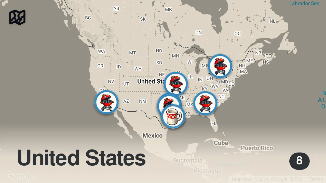 Map of 8 spots from I Ate BBQ In Every World Cup City!
