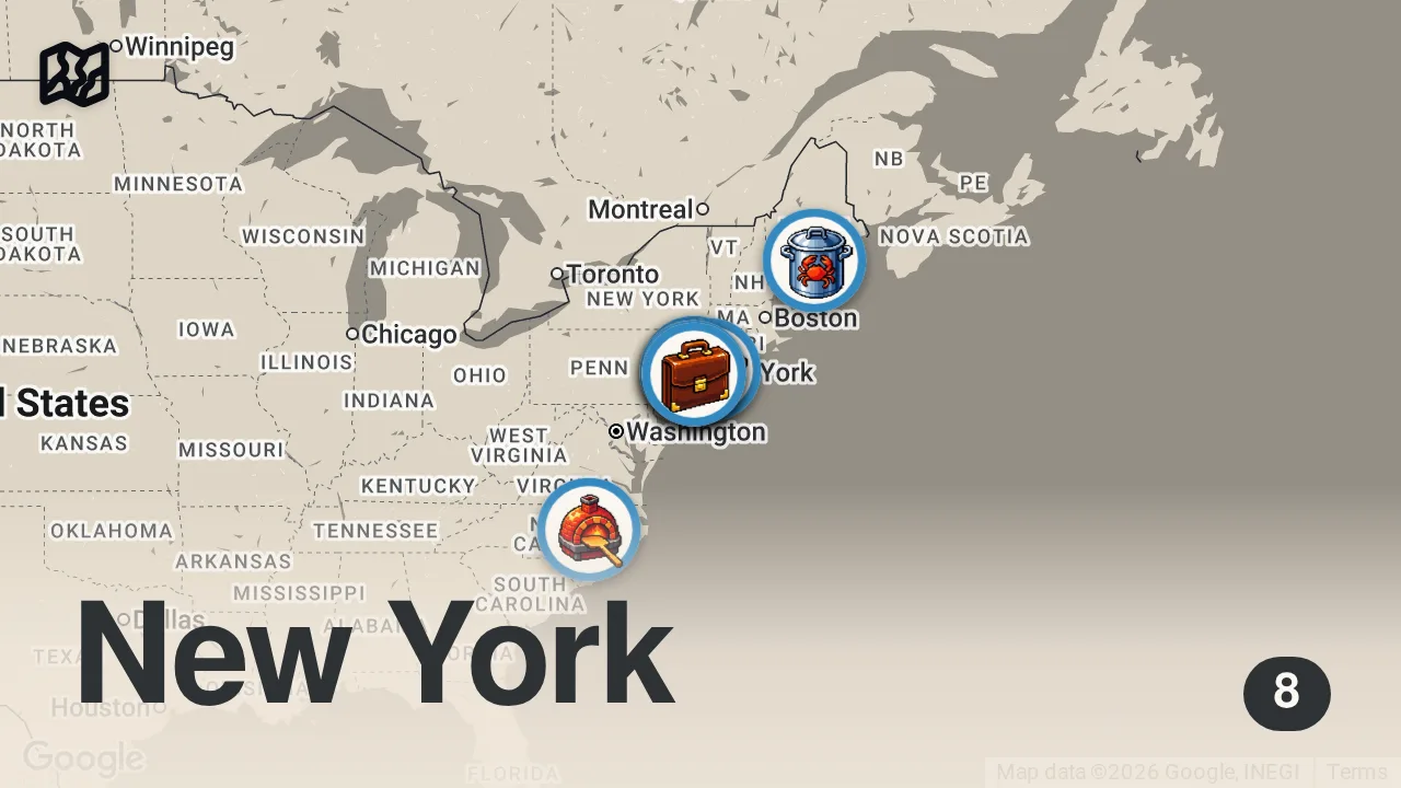 Map of 8 spots from Eating at a NYC FOOD FESTIVAL hosted by The Bachelor's Matt James!