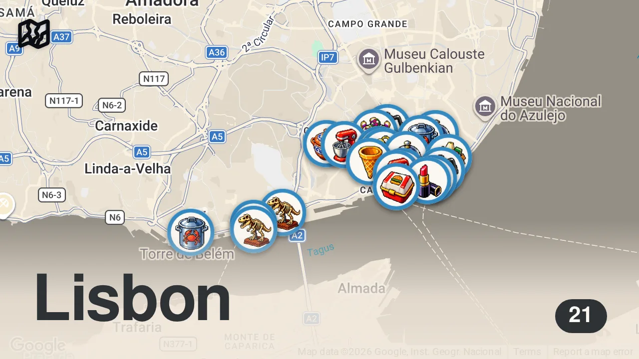 Map of 21 spots from LİZBON LEZZET REHBERİ 🇵🇹 Şef Restoranları, Esnaf Lokantası, Kahveciler, Hamburger, Nata!
