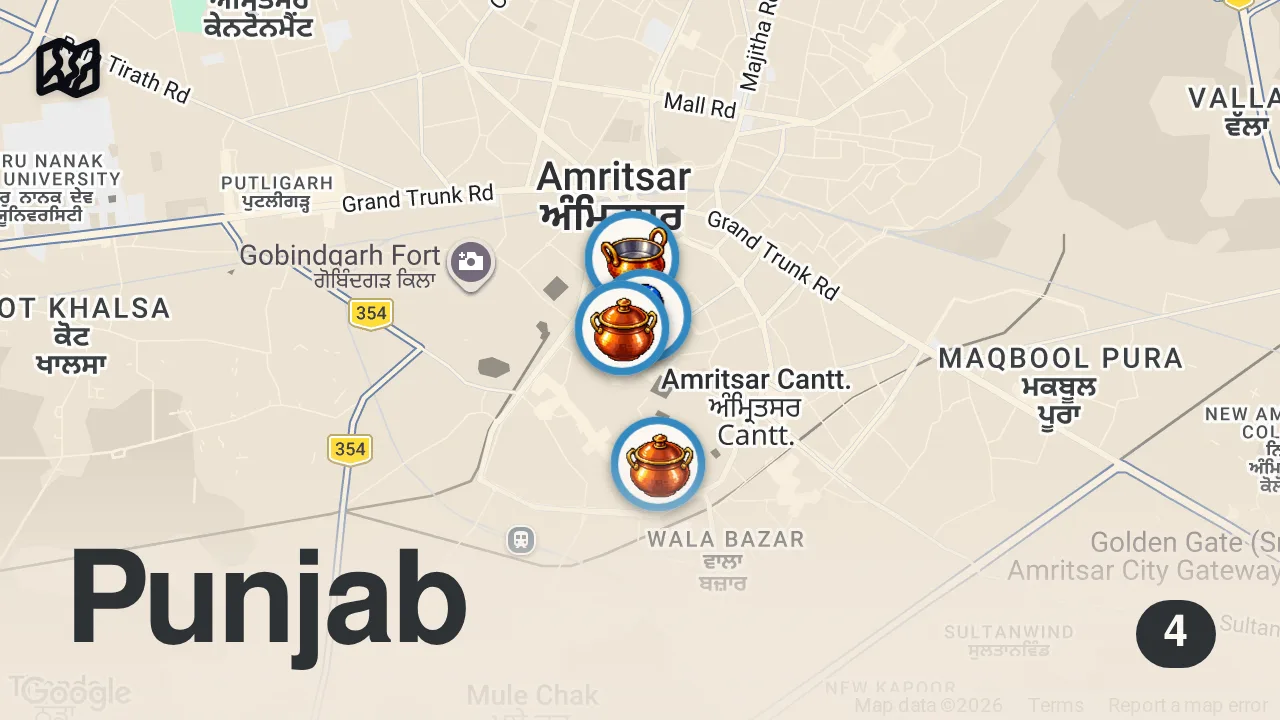 Map of 4 spots from Indian street food - WORLD'S BEST VEGETARIAN RESTAURANT - Indian street food in Amritsar, India