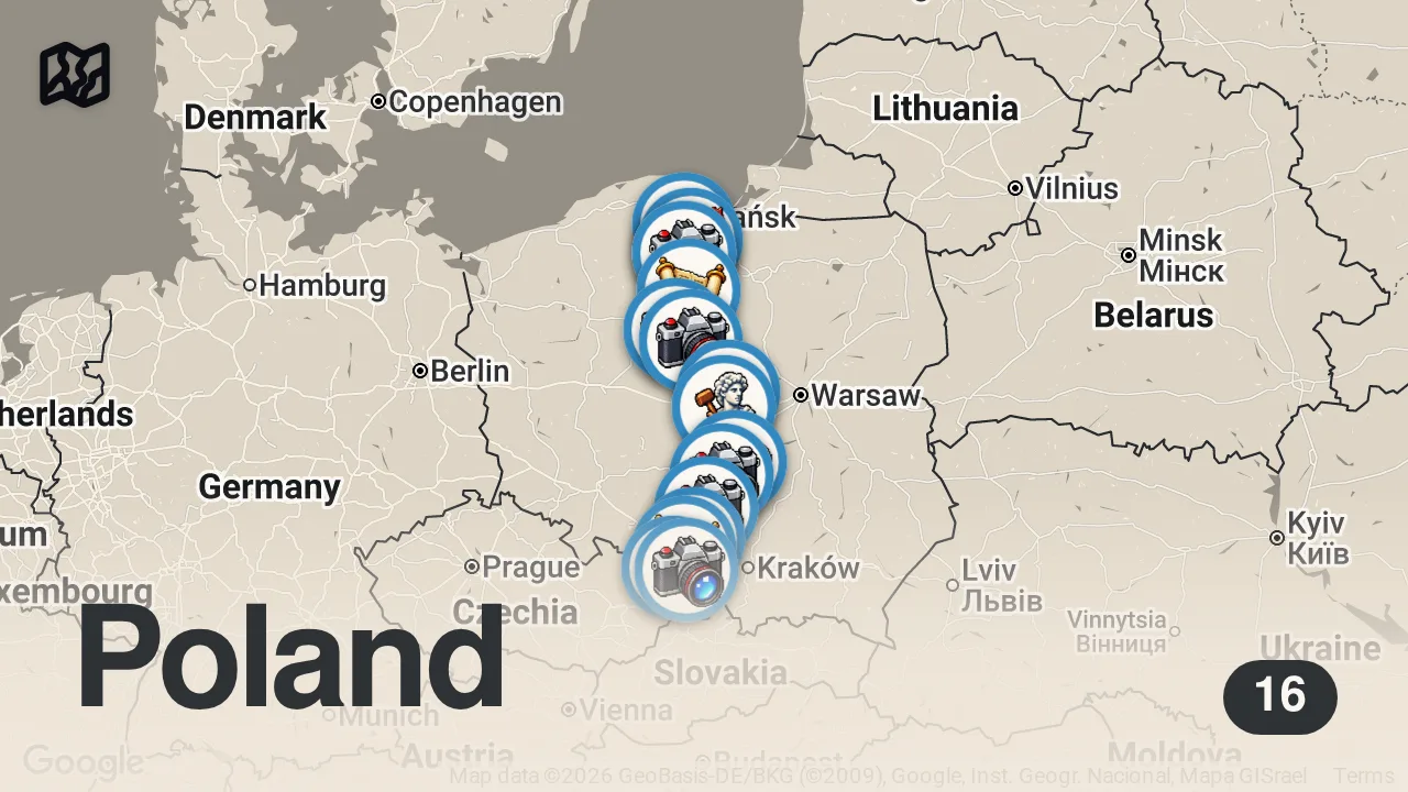 Map of 16 spots from 15 miejsc przy A1, które większość kierowców omija