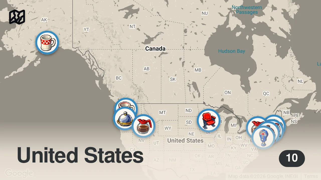 Map of 10 spots from Craziest Challenges in the US North! | Man v. Food | Travel Channel