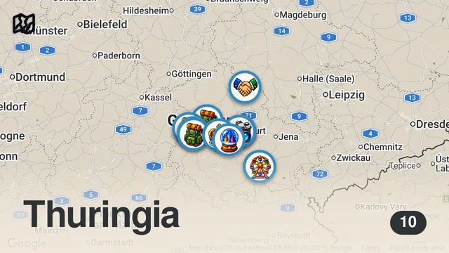 Map of Top 10 Sehenswürdigkeiten in Thüringen – Die schönsten Orte im grünen Herzen Deutschlands KI-frei