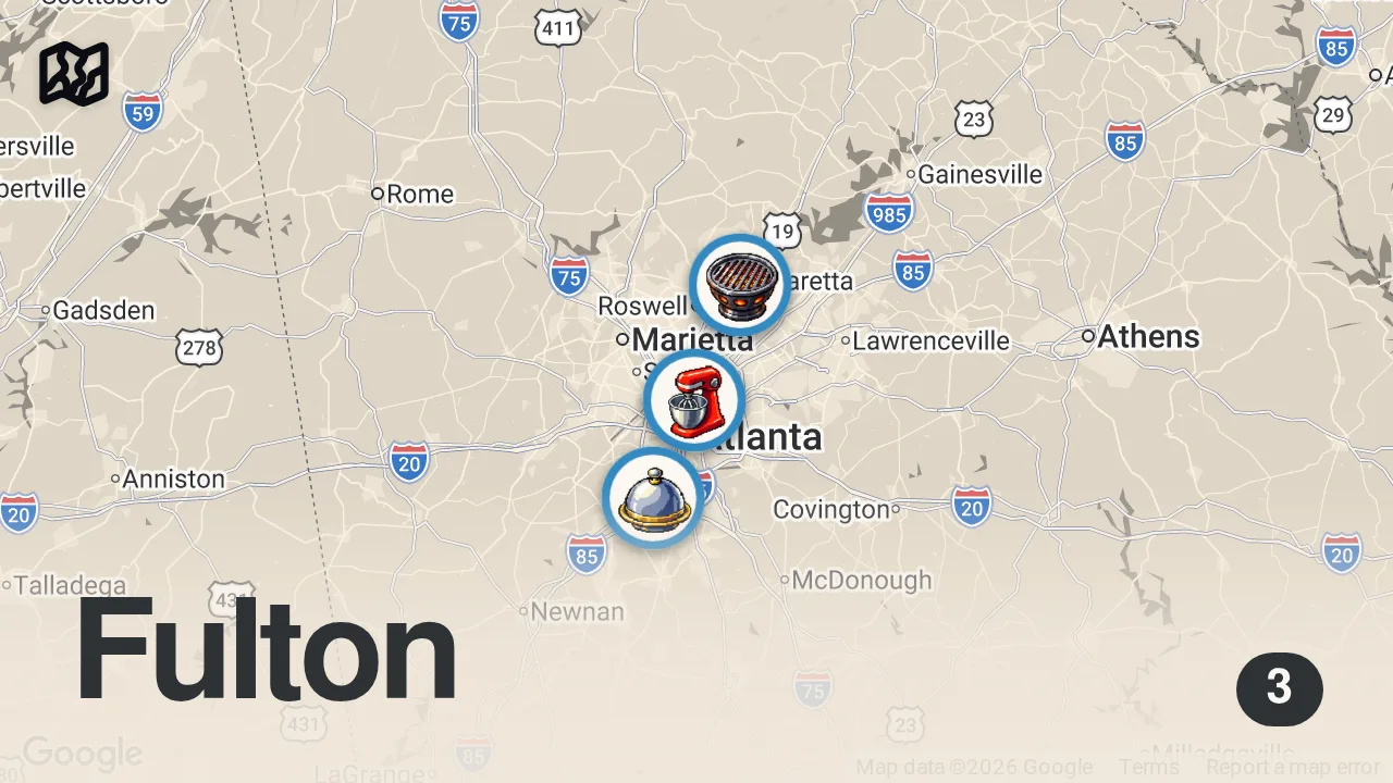 Map of 3 spots from Eating at VIRAL Restaurants For 24 Hours...(Atlanta, GA)