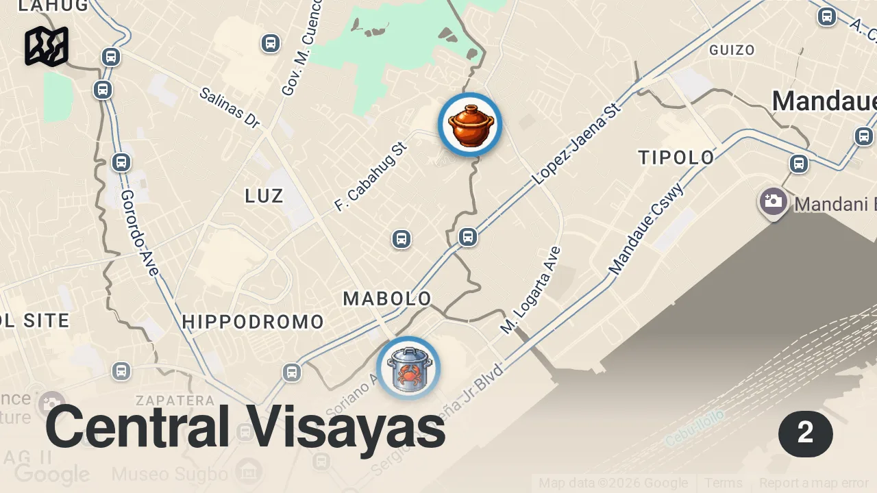 Map of 2 spots from Filipino Food - Extremely Popular!! FISH BARBECUE + Kinilaw in Cebu, Philippines!