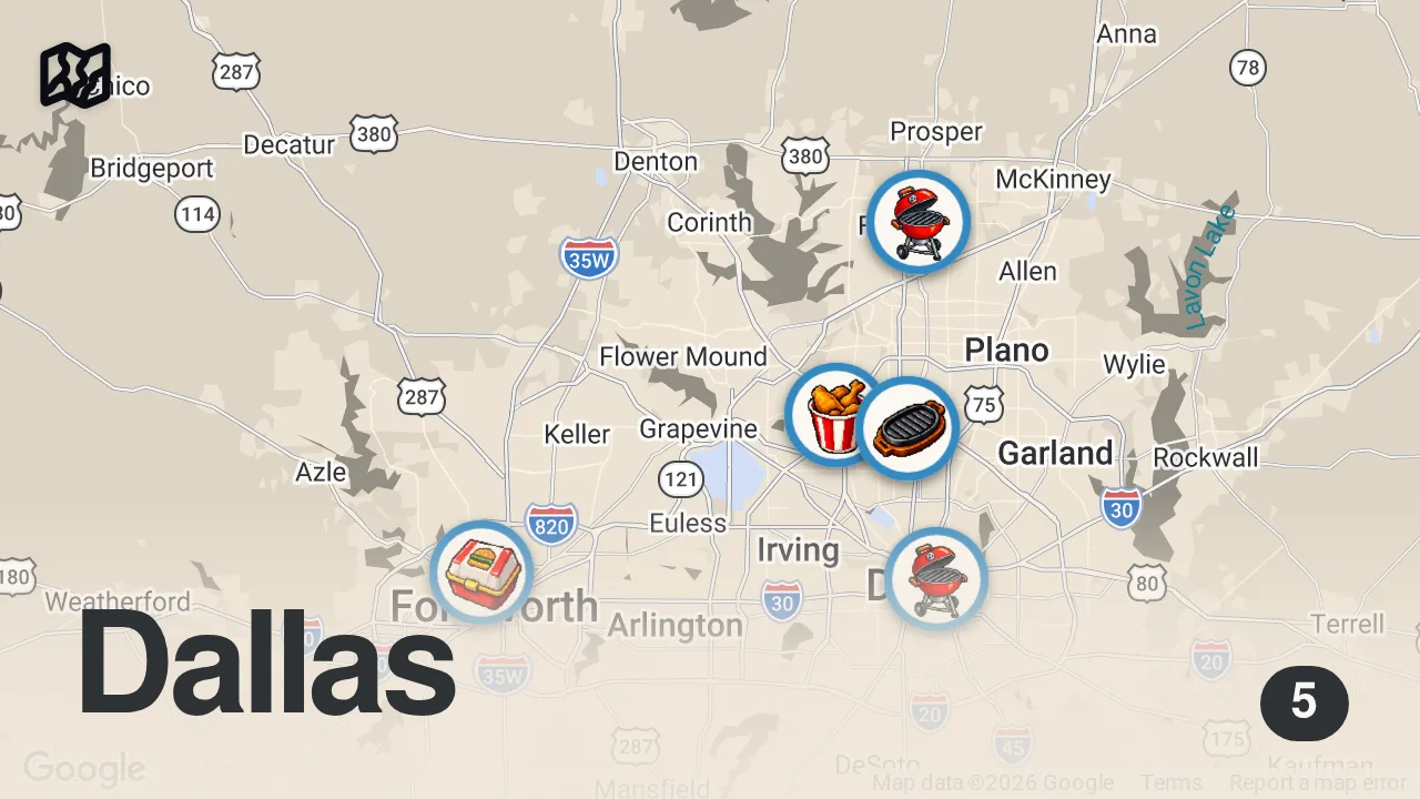 Map of 5 spots from 48 Hours Eating Dallas' Most FAMOUS Food!