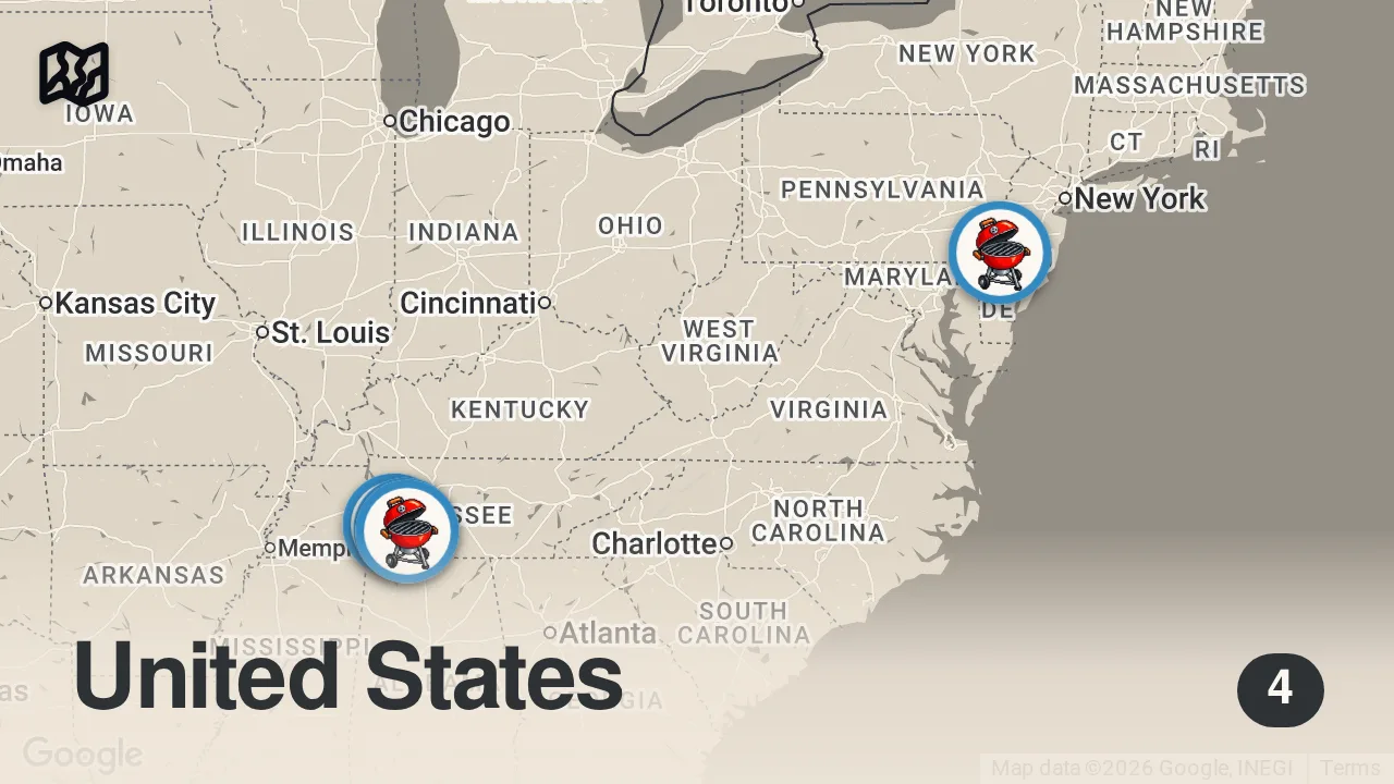 Map of 4 spots from Eating in Tennessee's SMALLEST Towns... (We Found a CULT)