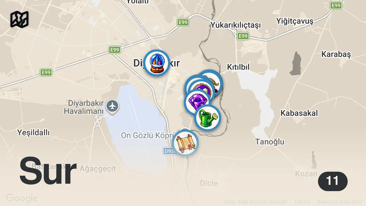 Map of 11 spots from 12.000 Yıllık Tarihi DİYARBAKIR Gezisi / 2 Günde Diyarbakır Gezilecek Yerler