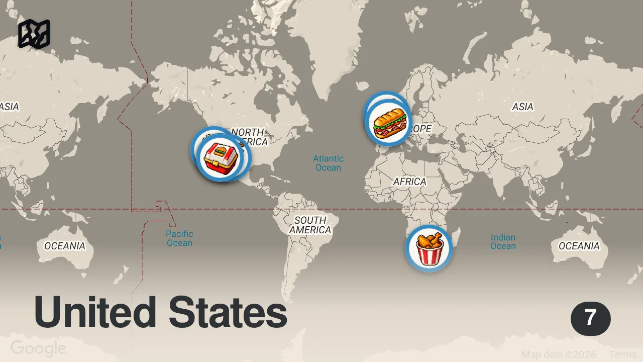 Map of 7 spots from I Found the First Ever Locations of 8 Famous Chains