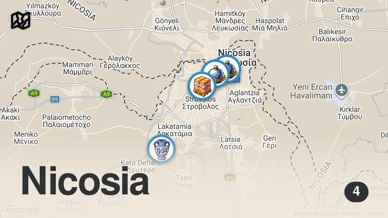Map of 4 spots from CYPRUS FOOD TOUR - Stolen LAMB & Insane Kontosouvli in Nicosia!
