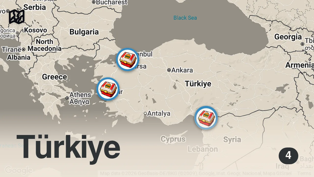 Map of 4 spots from HALK İSKENDERUN’UN EN İYİ HAMBURGERCİSİNİ SEÇTİ !!!