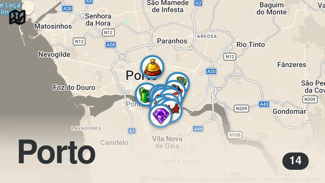 Map of 14 spots from Best Things To Do in Porto Portugal 2026 4K