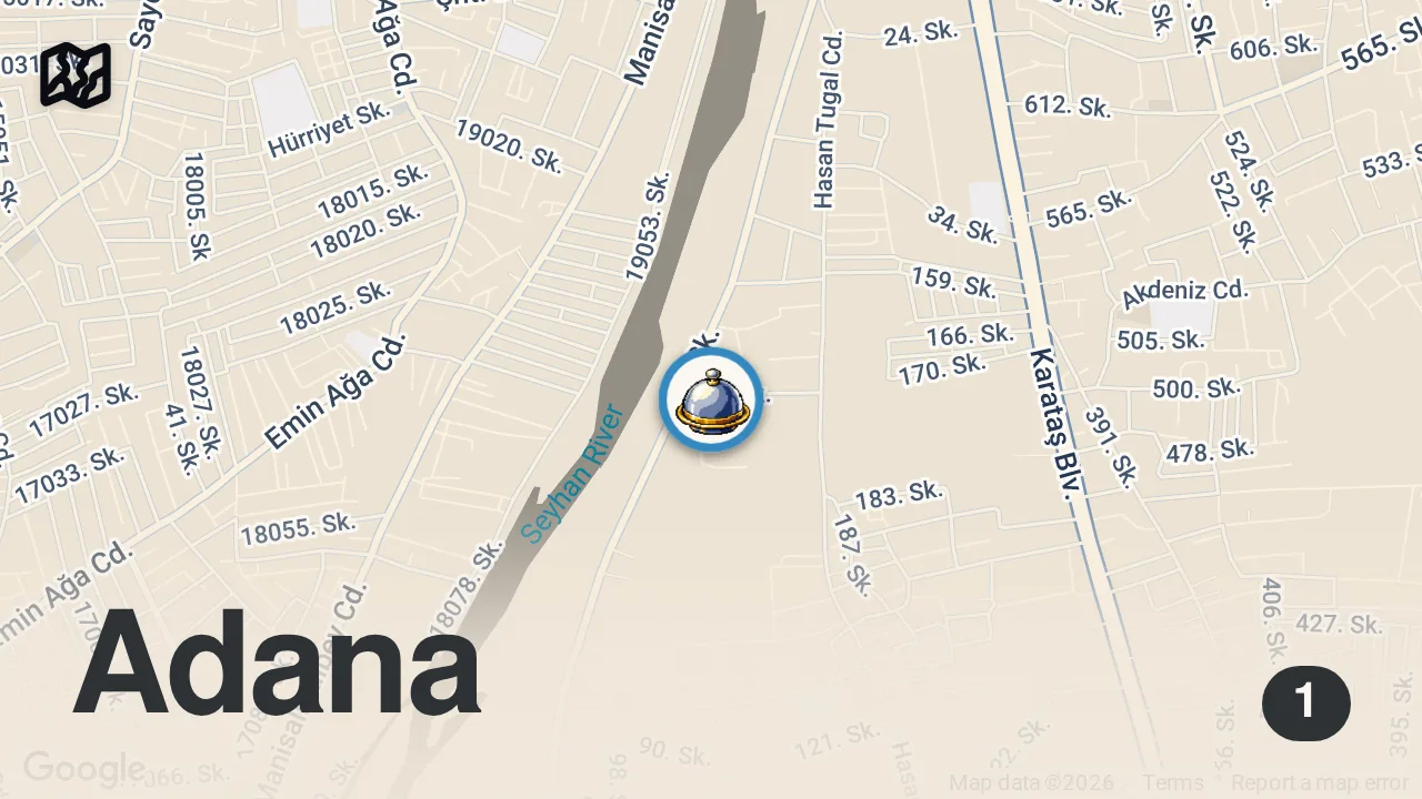 Map of 1 spot from EVİNDE PİZZA YAPIYOR SALONDA YİYİYORSUN | GİZEMLİ PİZZACI ADANA