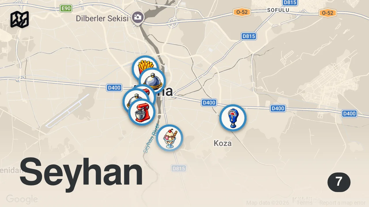 Map of 7 spots from 1 GÜNDE ADANA’DA 9 YEMEK YEDİM | 1 GÜNDE ADANA