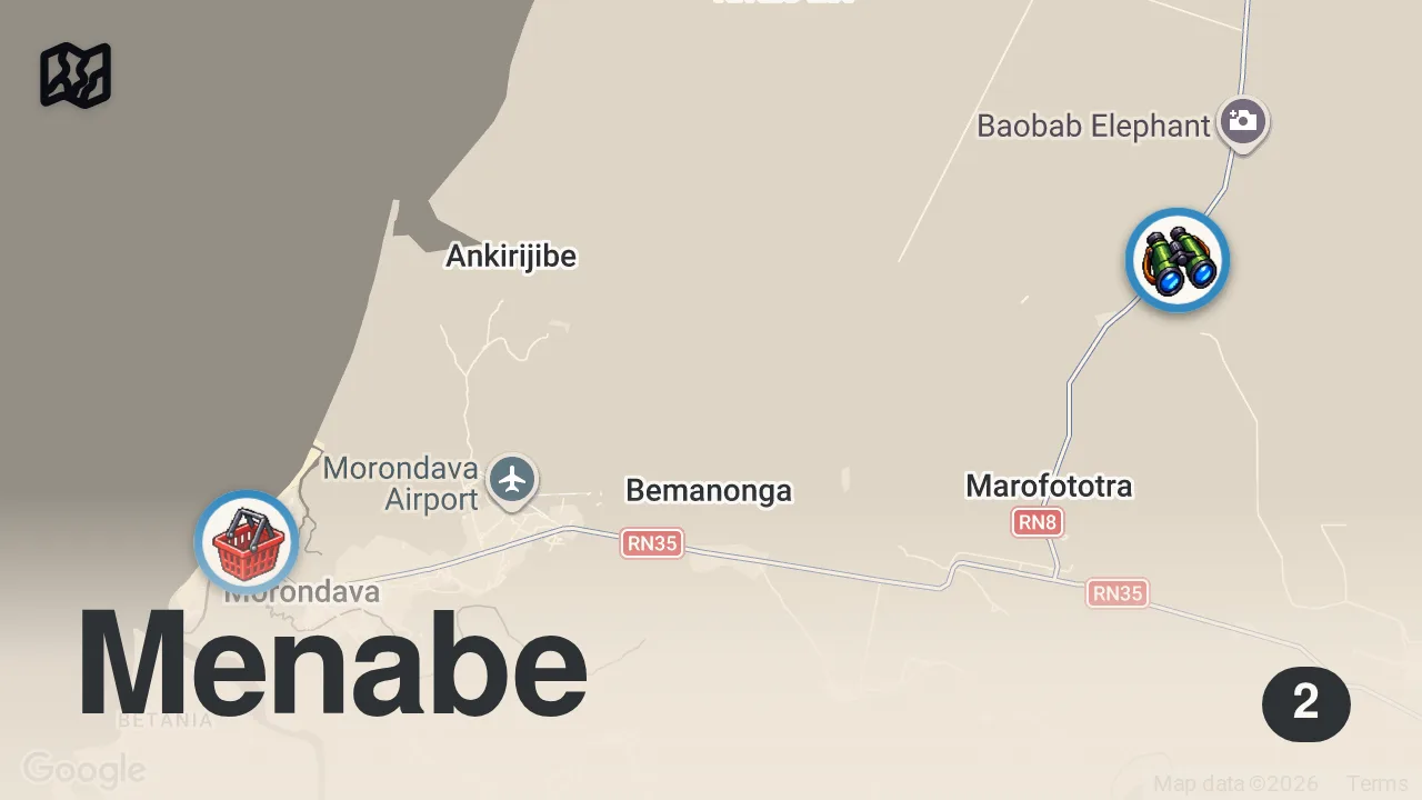 Map of 2 spots from Huge SHRIMP BBQ in Madagascar!! 🦐 Street Food Tour + Avenue of the Baobabs 🇲🇬