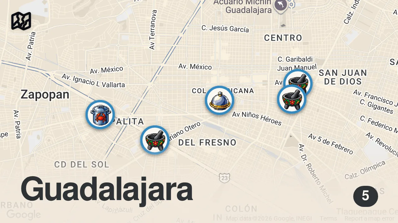 Map of 5 spots from 48 Hours Eating Guadalajara's Most INSANE Food!