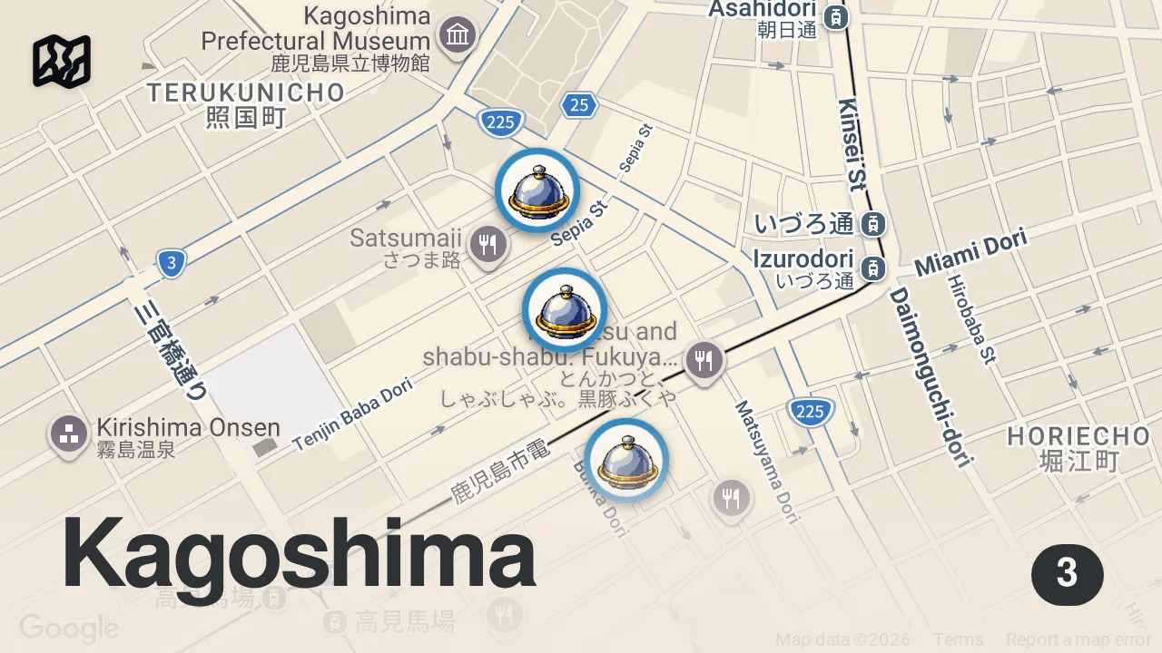 Map of 3 spots from 4 Times More Tasty!! JAPANESE FOOD Best Shabu Shabu - Kagoshima Kurobuta!!